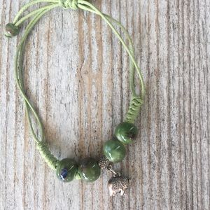 Adjustable Green String Bracelet w Elephant.